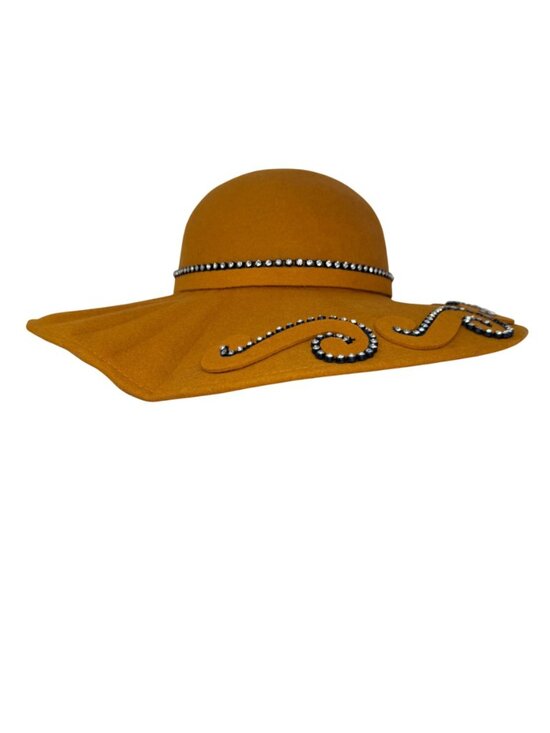 Mustard Wool Felt Wide Brim Hat Rhinestone Trim Bow‎ Bollman 1980s main image 8